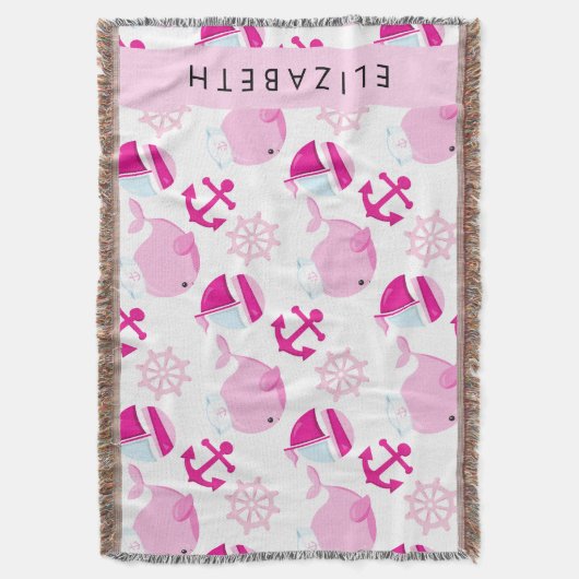 鯨の模様、ピンクの鯨、あなたの名前 スローブランケット (正面縦)