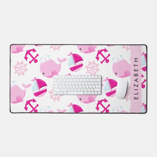 鯨の模様、ピンクの鯨、あなたの名前 デスクマット (キーボード&マウス)