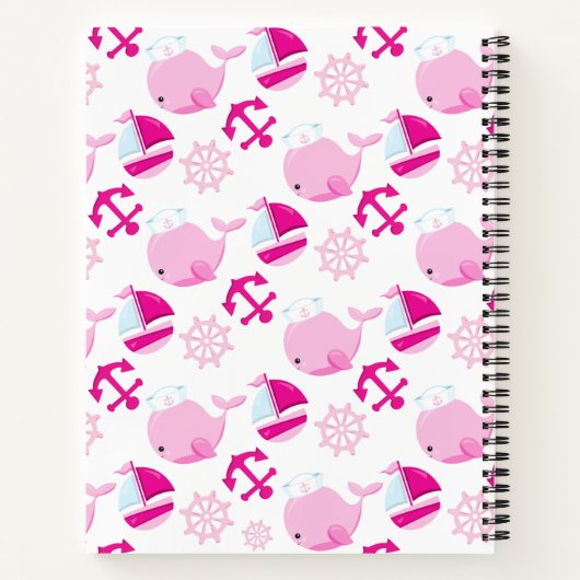 鯨の模様、ピンクの鯨、あなたの名前 ノートブック (裏面)