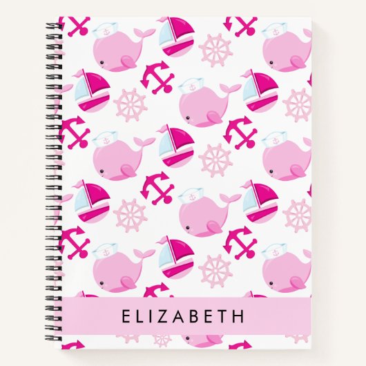 鯨の模様、ピンクの鯨、あなたの名前 ノートブック (正面)