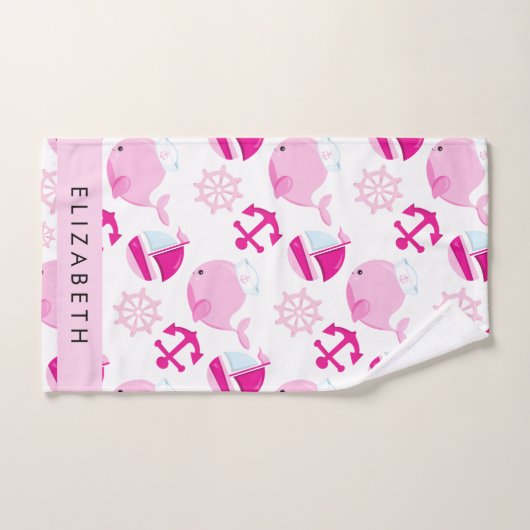 鯨の模様、ピンクの鯨、あなたの名前 バスタオルセット (ハンドタオル)