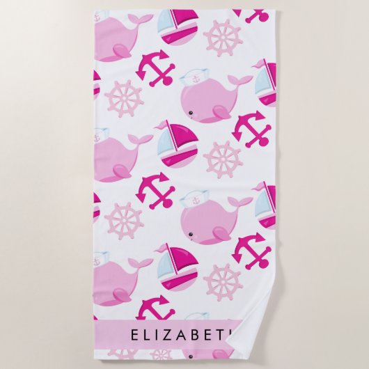 鯨の模様、ピンクの鯨、あなたの名前 ビーチタオル (正面)