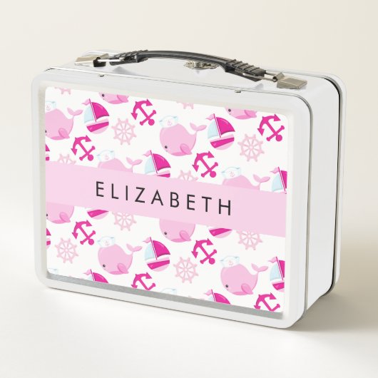 鯨の模様、ピンクの鯨、あなたの名前 メタルランチボックス (裏面)