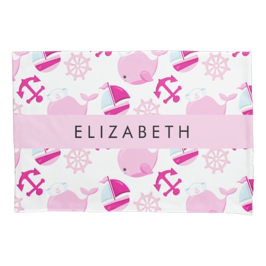 鯨の模様、ピンクの鯨、あなたの名前 枕カバー (正面)