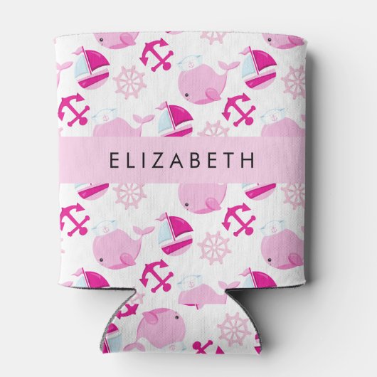 鯨の模様、ピンクの鯨、あなたの名前 缶クーラー (裏面)