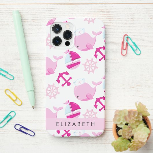 鯨の模様、ピンクの鯨、あなたの名前 iPhoneケース (デスク上)