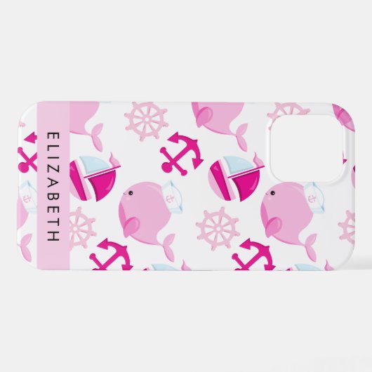 鯨の模様、ピンクの鯨、あなたの名前 iPhoneケース (裏面横)