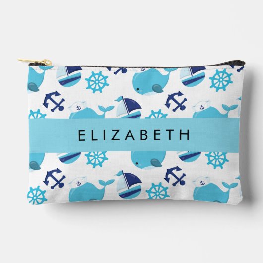 鯨の模様、青い鯨、あなたの名前 アクセサリーポーチ (正面)