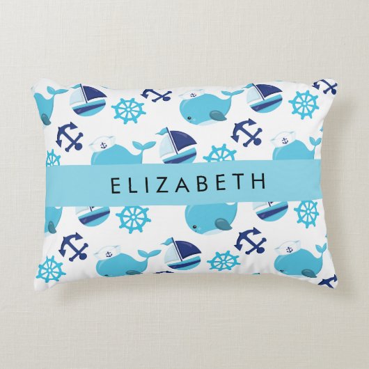 鯨の模様、青い鯨、あなたの名前 アクセントクッション (正面)
