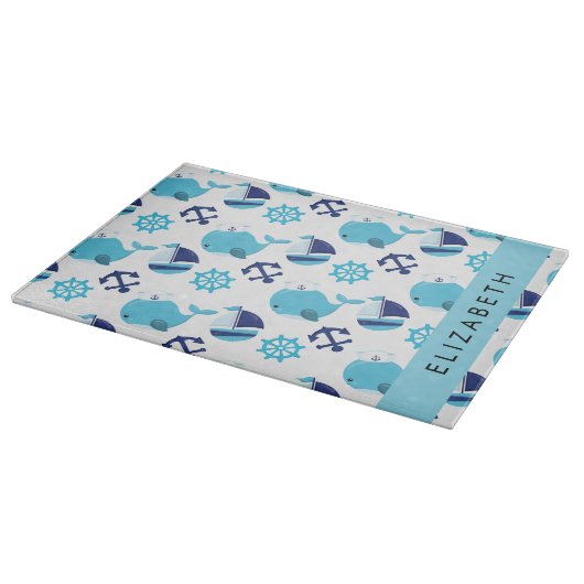 鯨の模様、青い鯨、あなたの名前 カッティングボード (角)