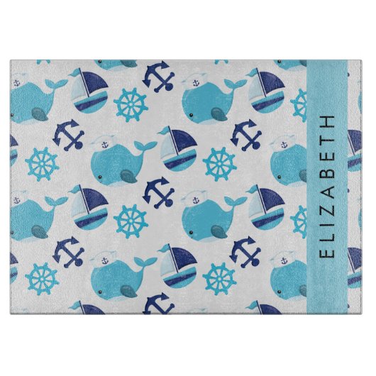 鯨の模様、青い鯨、あなたの名前 カッティングボード (正面)