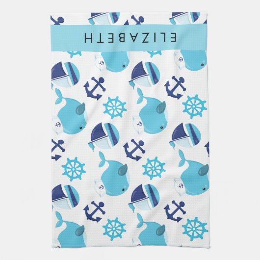 鯨の模様、青い鯨、あなたの名前 キッチンタオル (縦)
