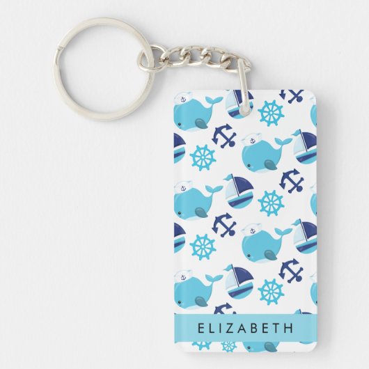鯨の模様、青い鯨、あなたの名前 キーホルダー (正面)