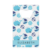 鯨の模様、青い鯨、あなたの名前 クレジットカード栓抜き (正面)