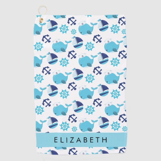 鯨の模様、青い鯨、あなたの名前 ゴルフタオル (正面)
