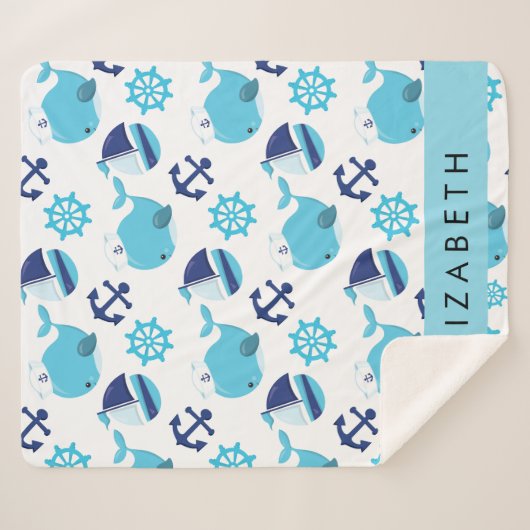 鯨の模様、青い鯨、あなたの名前 シェルパブランケット (正面(横))