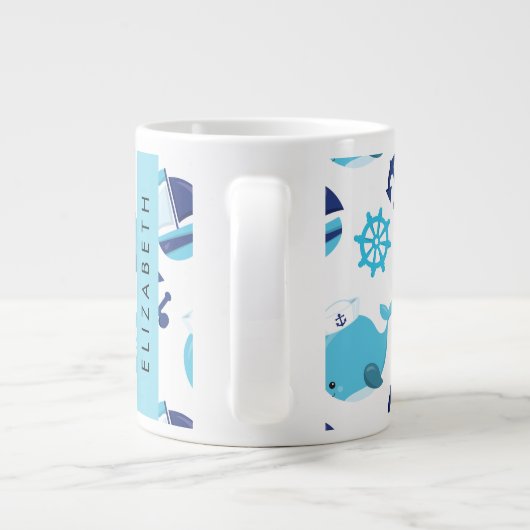 鯨の模様、青い鯨、あなたの名前 ジャンボコーヒーマグカップ (裏面)