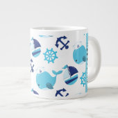 鯨の模様、青い鯨、あなたの名前 ジャンボコーヒーマグカップ (正面右)