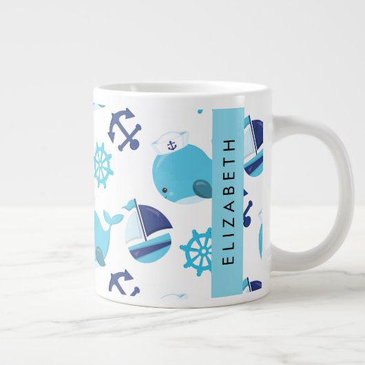鯨の模様、青い鯨、あなたの名前 ジャンボコーヒーマグカップ (右)