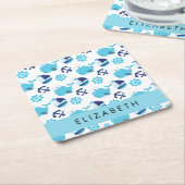 鯨の模様、青い鯨、あなたの名前 スクエアペーパーコースター (アングル)