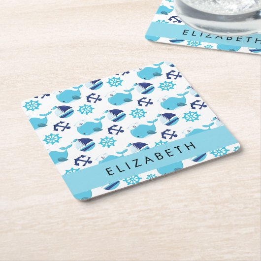 鯨の模様、青い鯨、あなたの名前 スクエアペーパーコースター (アングル)