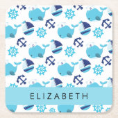 鯨の模様、青い鯨、あなたの名前 スクエアペーパーコースター (正面)