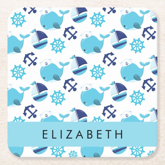 鯨の模様、青い鯨、あなたの名前 スクエアペーパーコースター (正面)