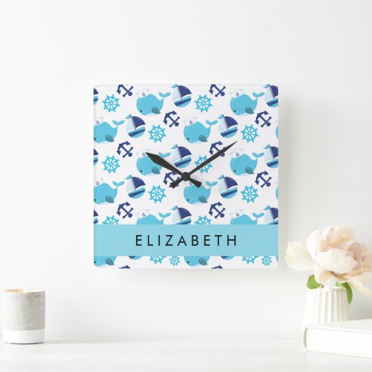 鯨の模様、青い鯨、あなたの名前 スクエア壁時計 (ホーム)