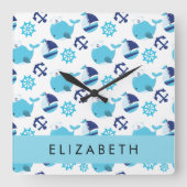 鯨の模様、青い鯨、あなたの名前 スクエア壁時計 (正面)