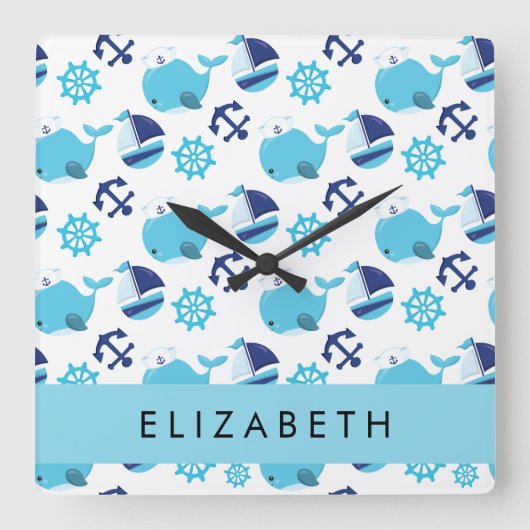 鯨の模様、青い鯨、あなたの名前 スクエア壁時計 (正面)