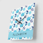 鯨の模様、青い鯨、あなたの名前 スクエア壁時計 (傾斜)