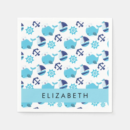 鯨の模様、青い鯨、あなたの名前 スタンダードカクテルナプキン (正面)