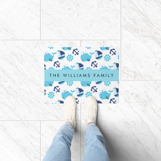 鯨の模様、青い鯨、あなたの名前 ドアマット (室内)