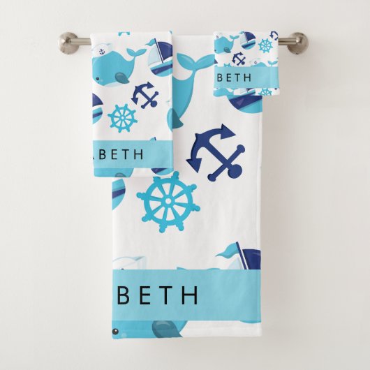 鯨の模様、青い鯨、あなたの名前 バスタオルセット (インサイチュ)