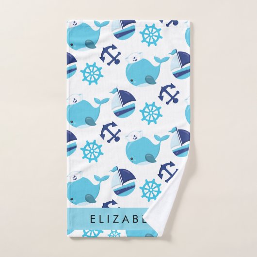 鯨の模様、青い鯨、あなたの名前 バスタオルセット (ハンドタオル)