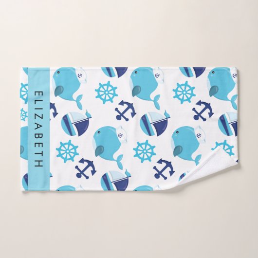 鯨の模様、青い鯨、あなたの名前 バスタオルセット (ハンドタオル)