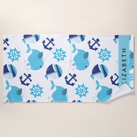 鯨の模様、青い鯨、あなたの名前 ビーチタオル (正面)