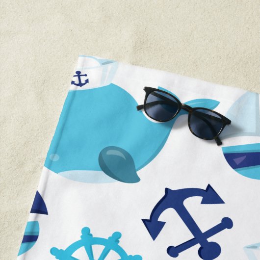 鯨の模様、青い鯨、あなたの名前 ビーチタオル (インサイチュ)