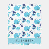 鯨の模様、青い鯨、あなたの名前 フリースブランケット (正面)