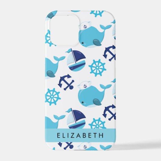 鯨の模様、青い鯨、あなたの名前 iPhoneケース (裏面)