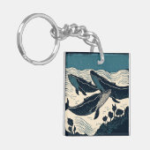 鯨シー海海洋自然ヴィンテージリノカット キーホルダー (正面左)