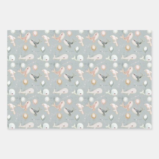 鯨モダン誕生日男女兼用ベビーシャワー ラッピングペーパーシート (正面2)