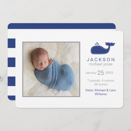 鯨名門私立校風の写真誕生のお知らせ男の赤ちゃん 案内状 (正面/裏面)