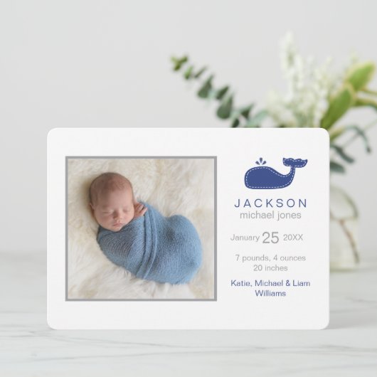 鯨名門私立校風の写真誕生のお知らせ男の赤ちゃん 案内状 (スタンド正面)