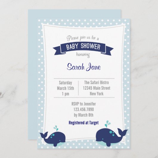 鯨海ベビーシャワー招待状水玉模様ブルー 招待状 (正面/裏面)