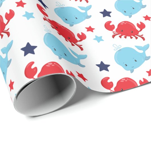 鯨航海のとカニの模様 ラッピングペーパー (ロールコーナー)
