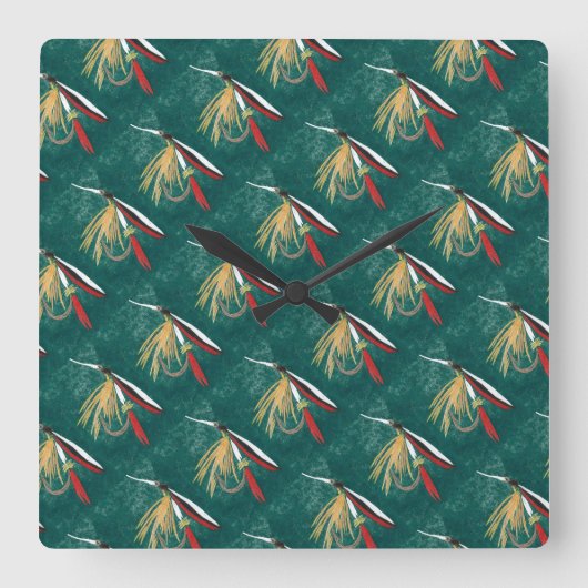 「鱒のひれ」は水揚げし、釣り用のハエと結び付ける スクエア壁時計 (正面)