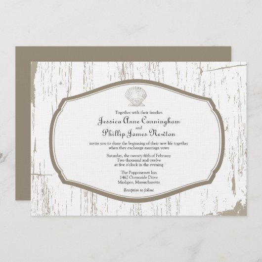 鱗片状シェル素朴ビーチ結婚式 招待状 (正面/裏面)