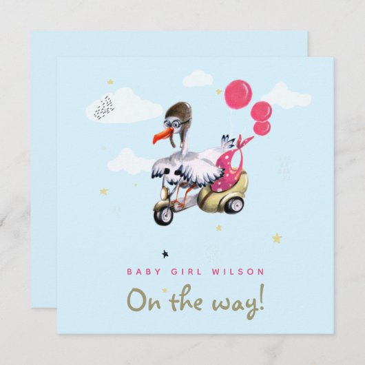 鳥おもしろいピンクのバルーン女の子シンプルかわいい妊娠 案内状 (正面/裏面)