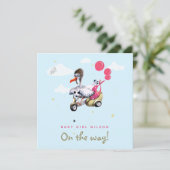 鳥おもしろいピンクのバルーン女の子シンプルかわいい妊娠 案内状 (スタンド正面)